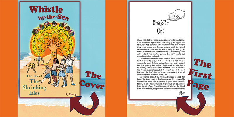 Front cover of children's book with four children and a smiling tree and seven hedgehogs, plus a picture of the first chapter of the book.